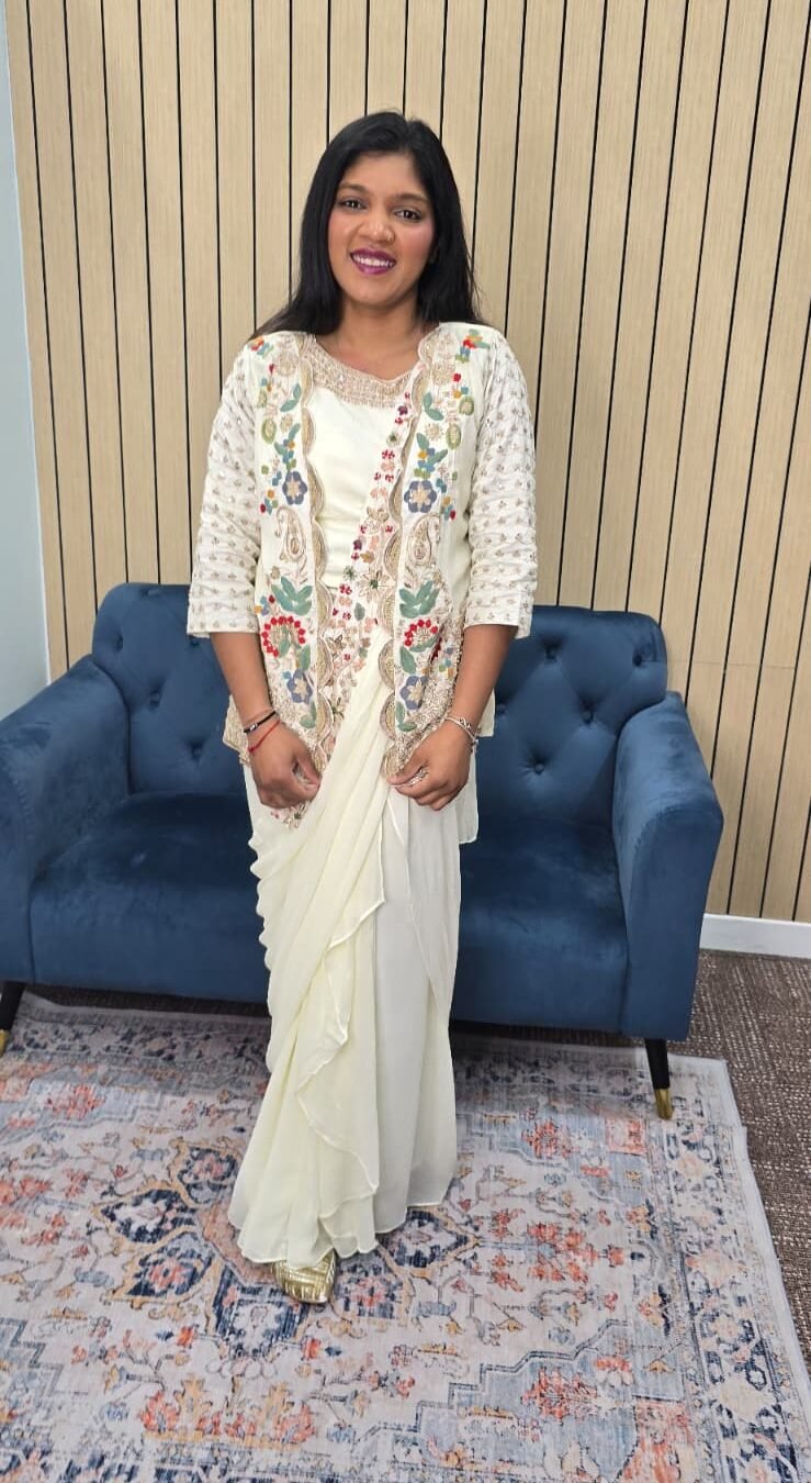 Off White Pre Draped Saree with Jacket