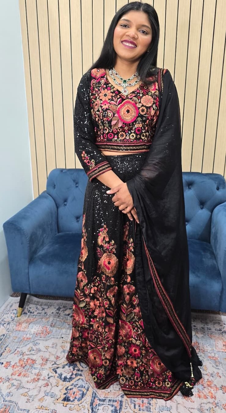 Black Sequence Work Floral Lehenga