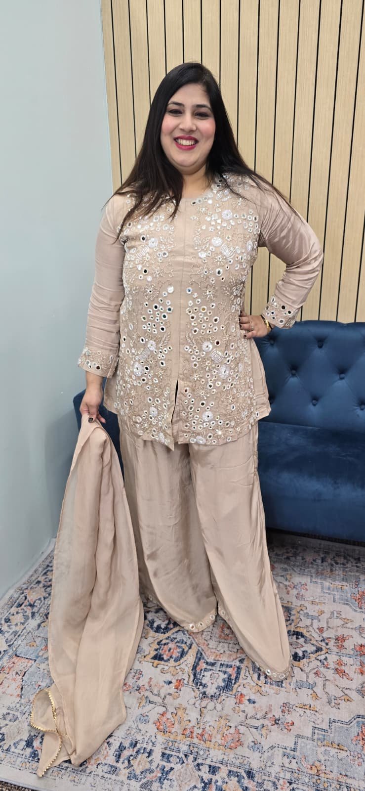 Beige/ Golden Cream Mirror Work Sharara Set - Image 5