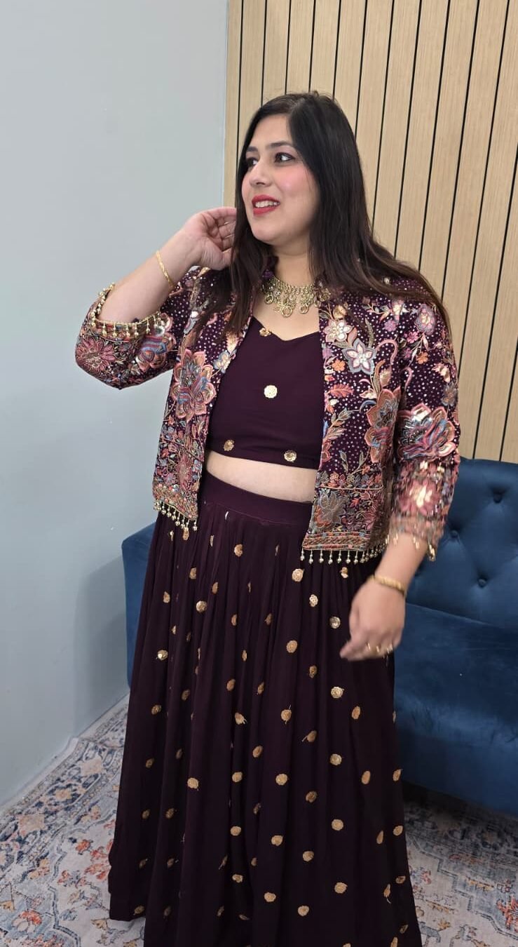 Make a bold style statement with this stunning Indo-western lehenga set