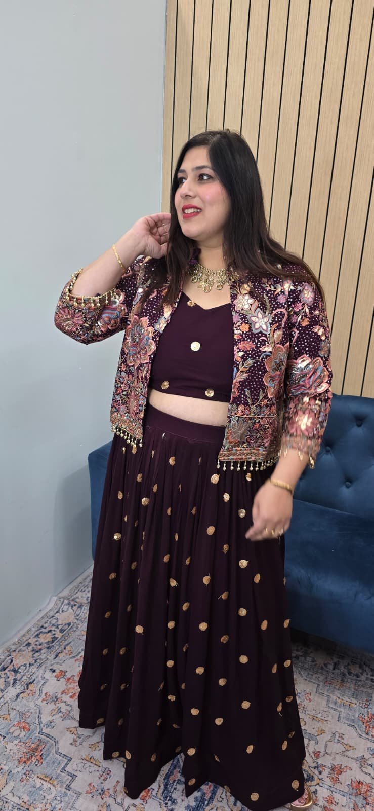 Make a bold style statement with this stunning Indo-western lehenga set