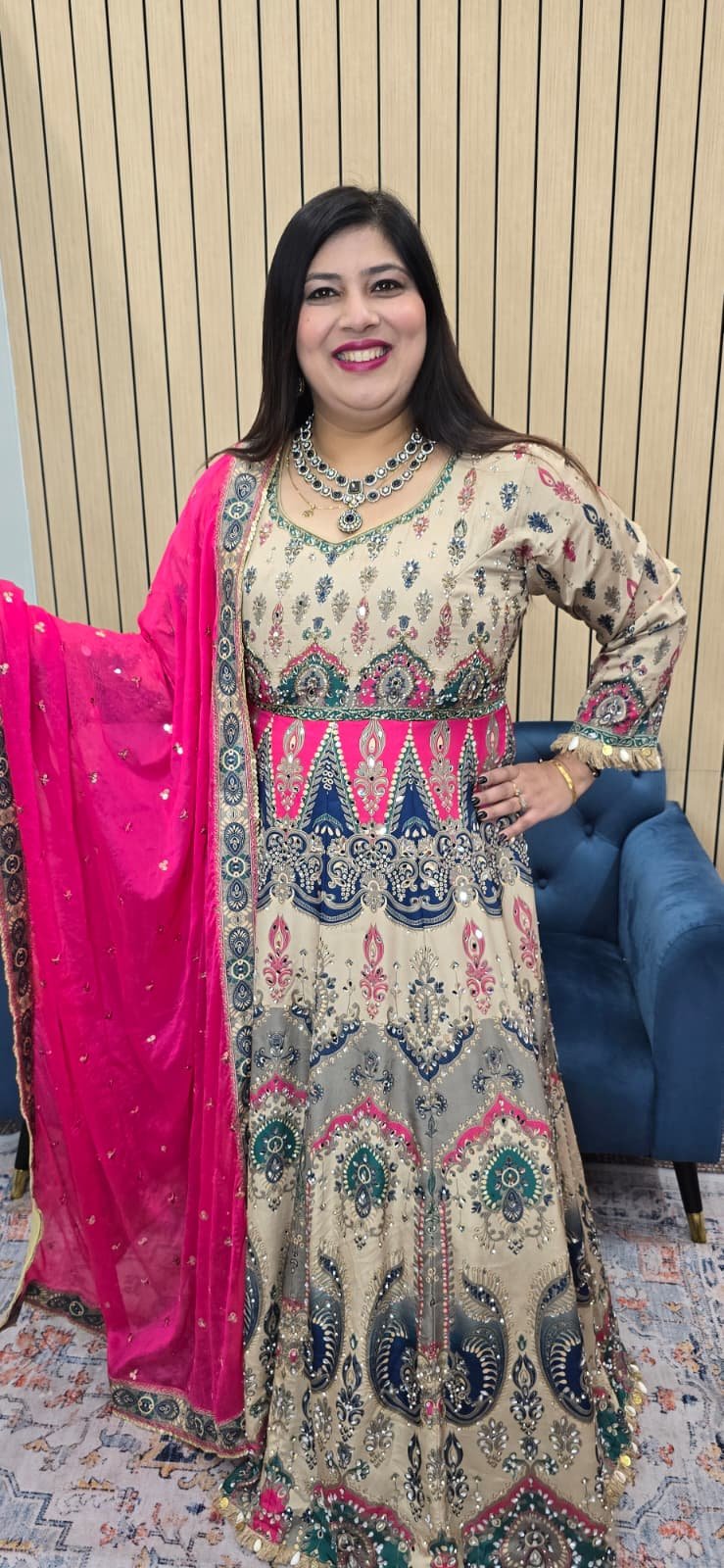 Elegant cream Anarkali gown with multicolored ethnic prints - Image 7