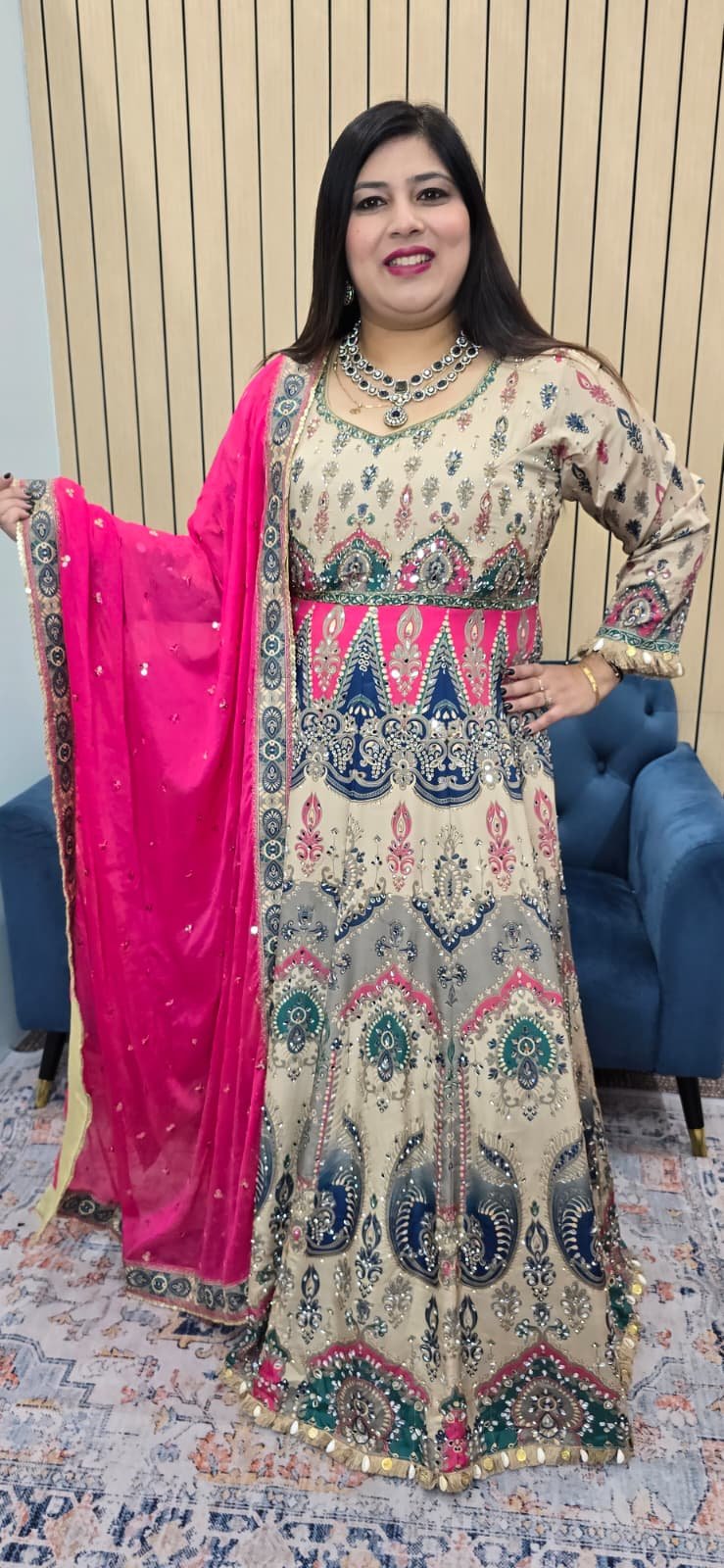 Elegant cream Anarkali gown with multicolored ethnic prints - Image 6
