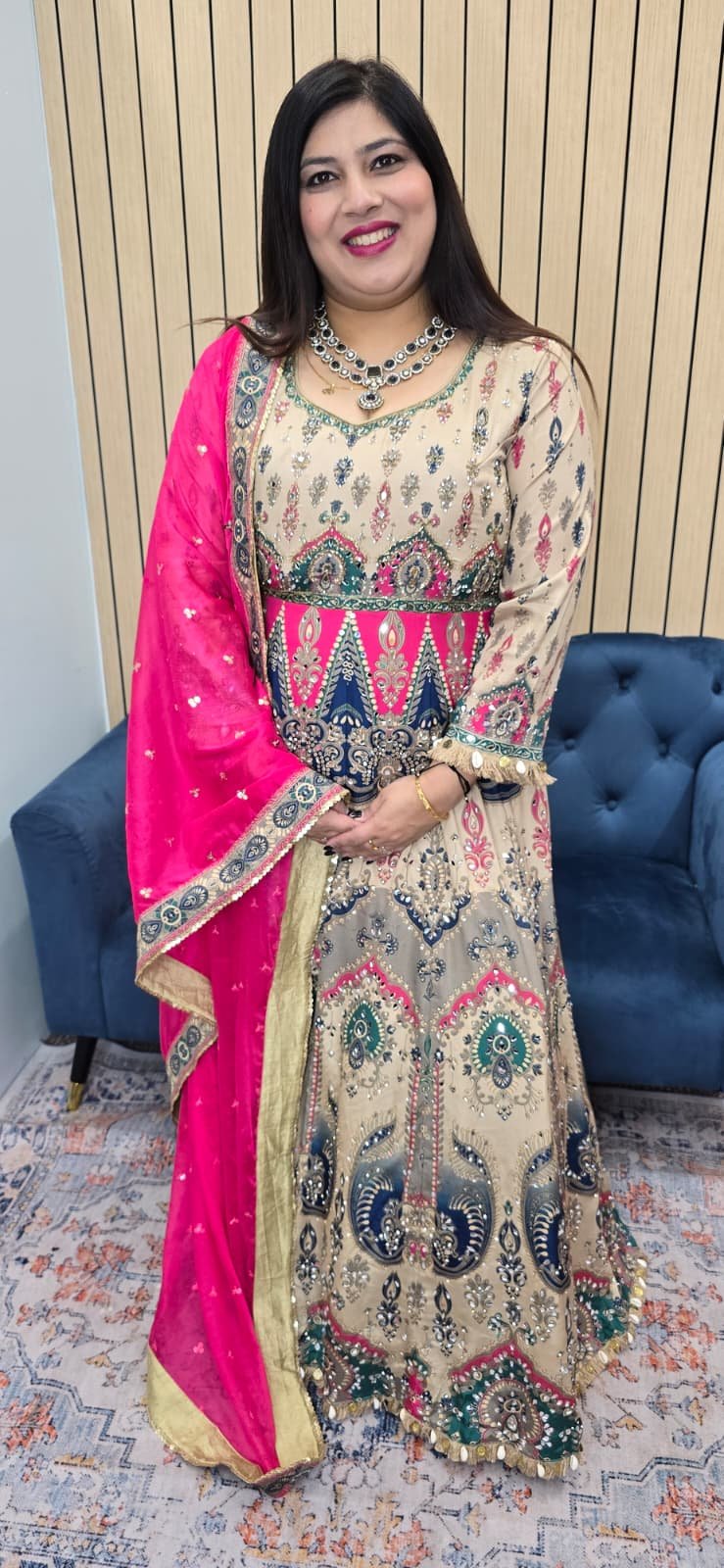 Elegant cream Anarkali gown with multicolored ethnic prints - Image 5