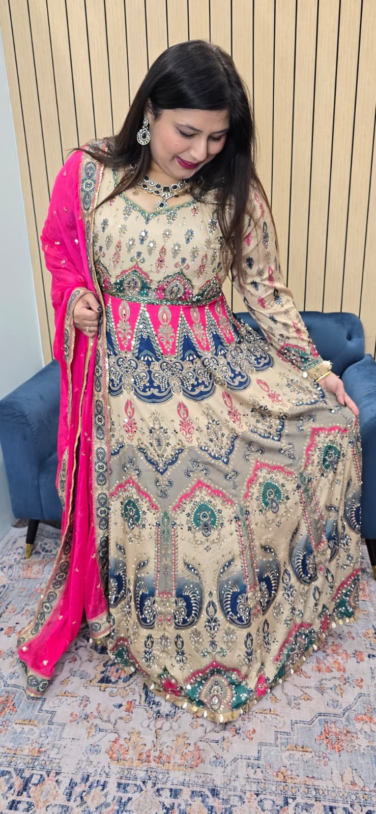 Elegant cream Anarkali gown with multicolored ethnic prints - Image 3