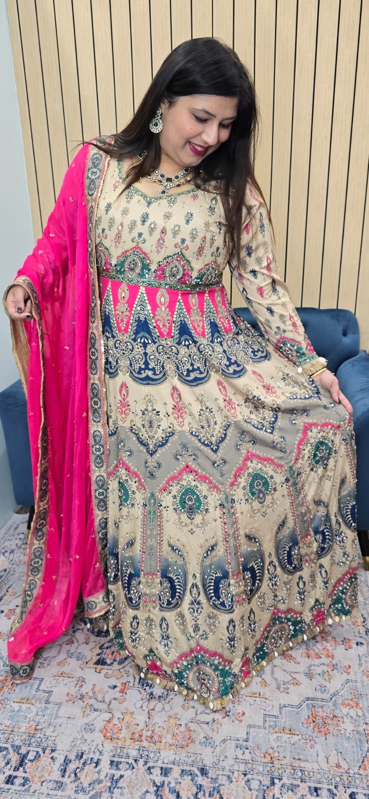 Elegant cream Anarkali gown with multicolored ethnic prints - Image 2