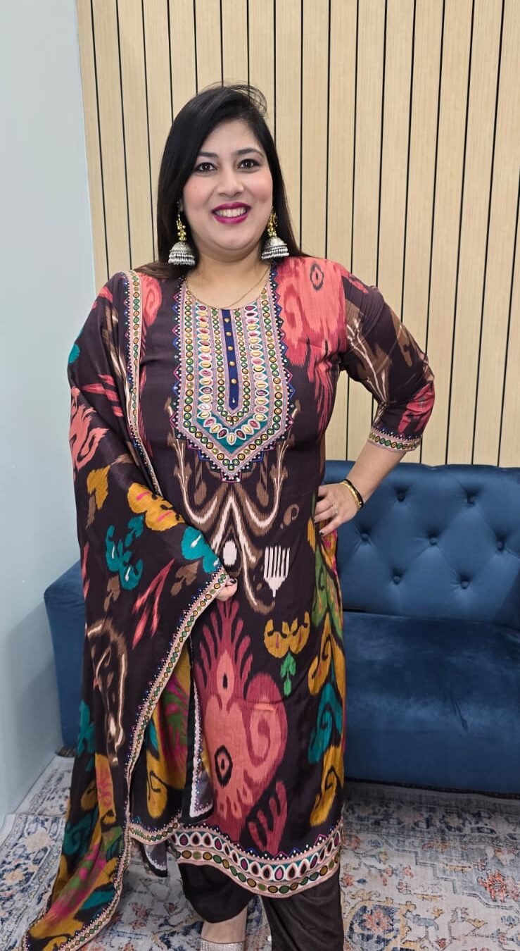 Chocolate Brown Multicolour Printed Suit Set