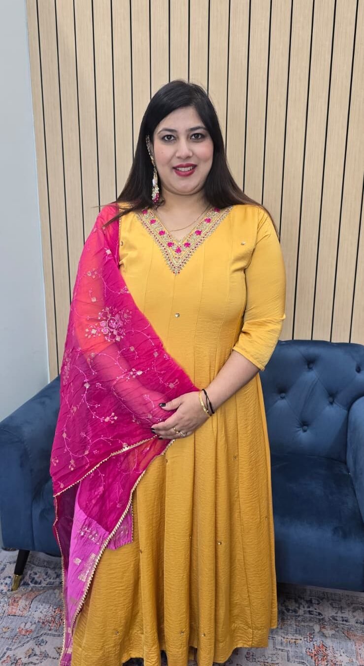 Mustard Yellow Anarkali Suit with Pink Dupatta