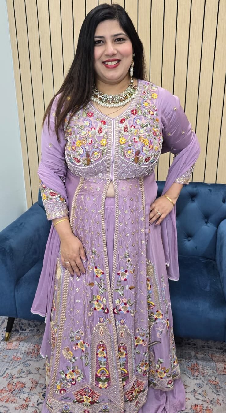 Lilac Floral Embroidered Indo-Western Lehenga Set