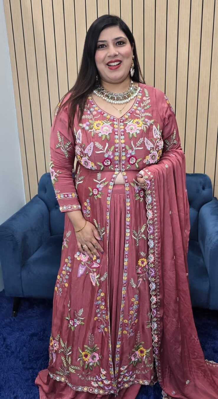 Dusty Rose  Floral Embroidered Indo-Western Lehenga Set
