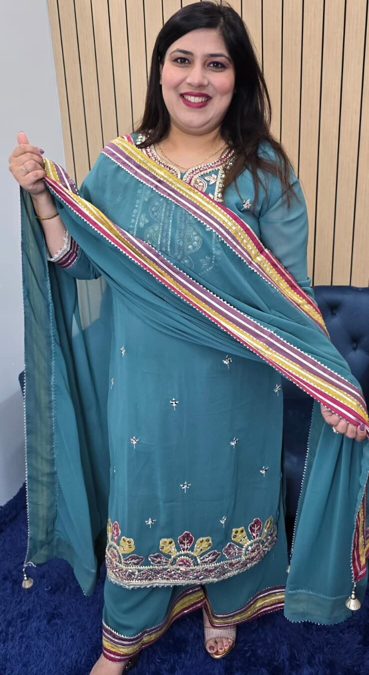 Teal Embroidered Straight Suit Set