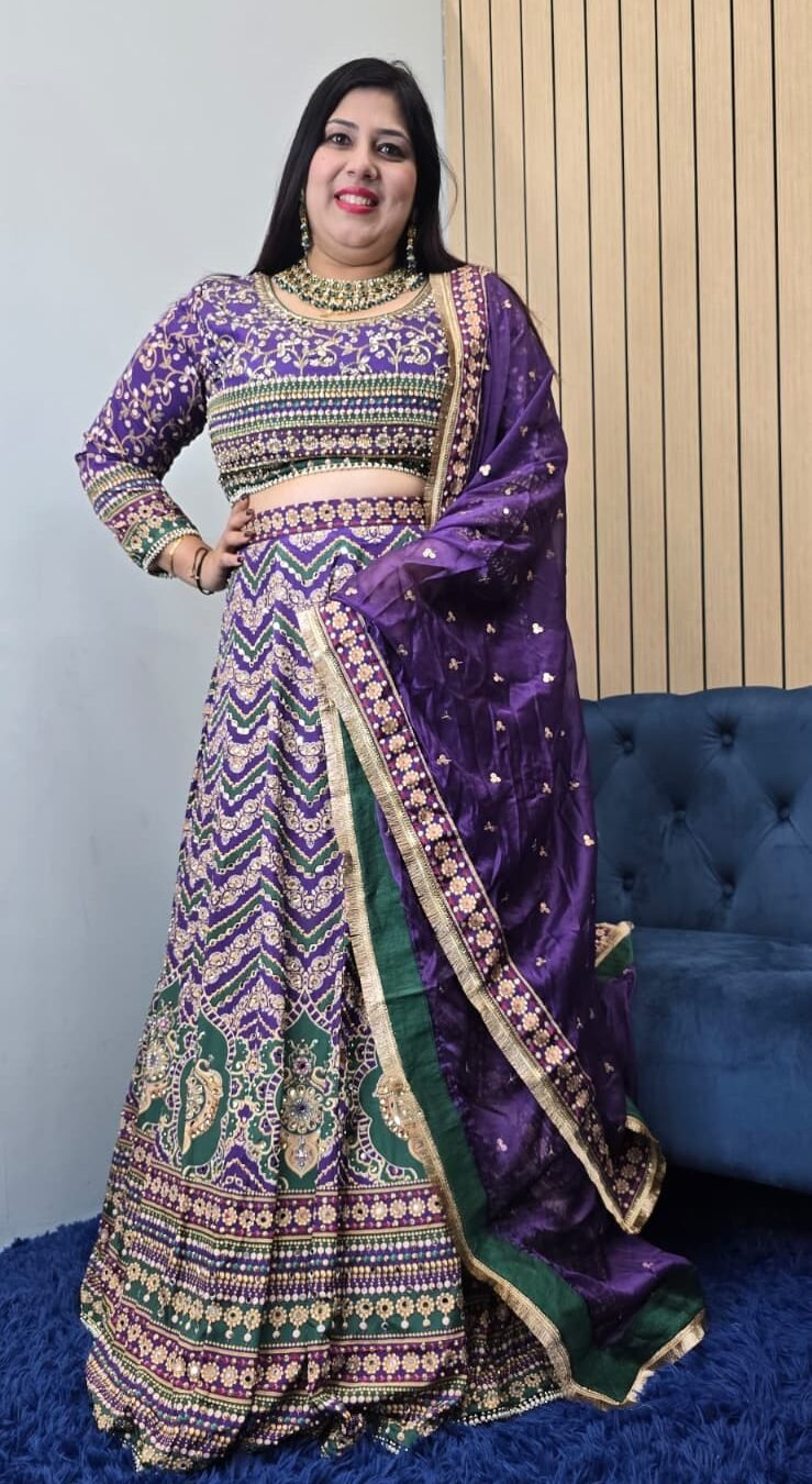 Purple Green Crepe Silk Lehenga
