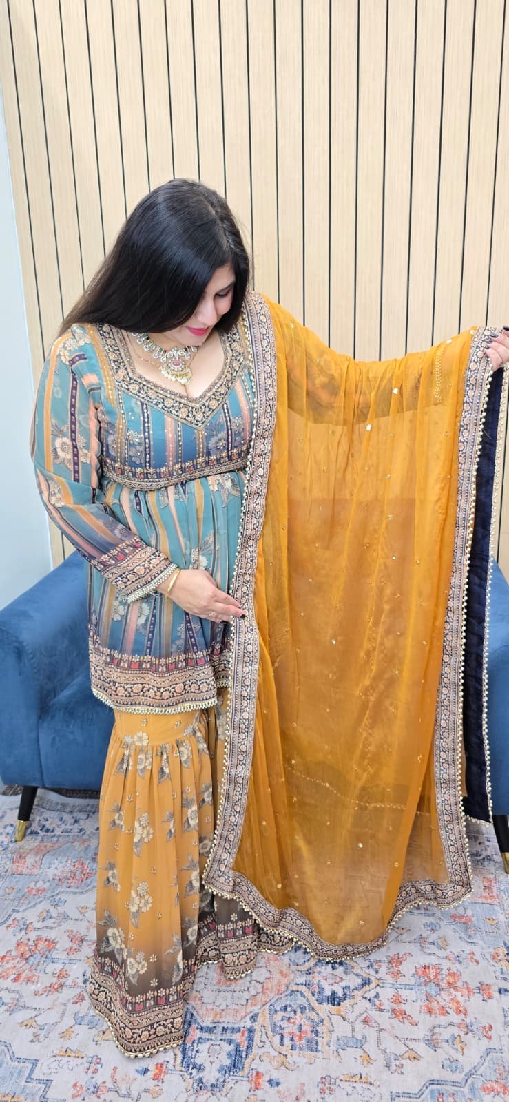 Sea Green & Mustard Peplum Sharara Set - Image 3