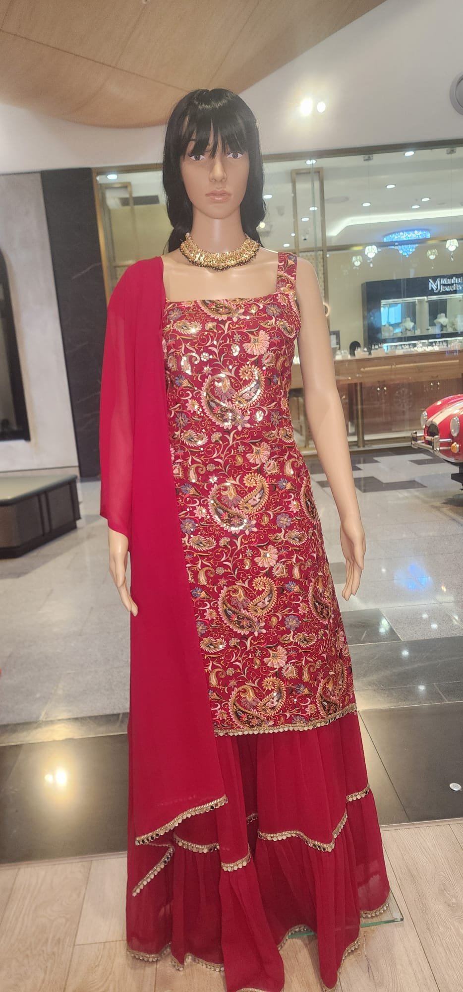Red Kashmiri Work Kurti Lehenga - Image 3