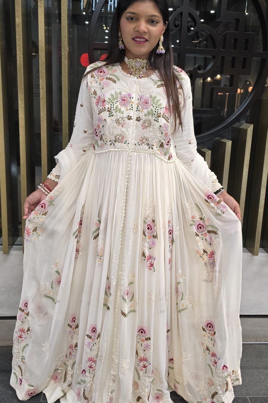 Milky White Premium Indowestern Lehenga Gown 40