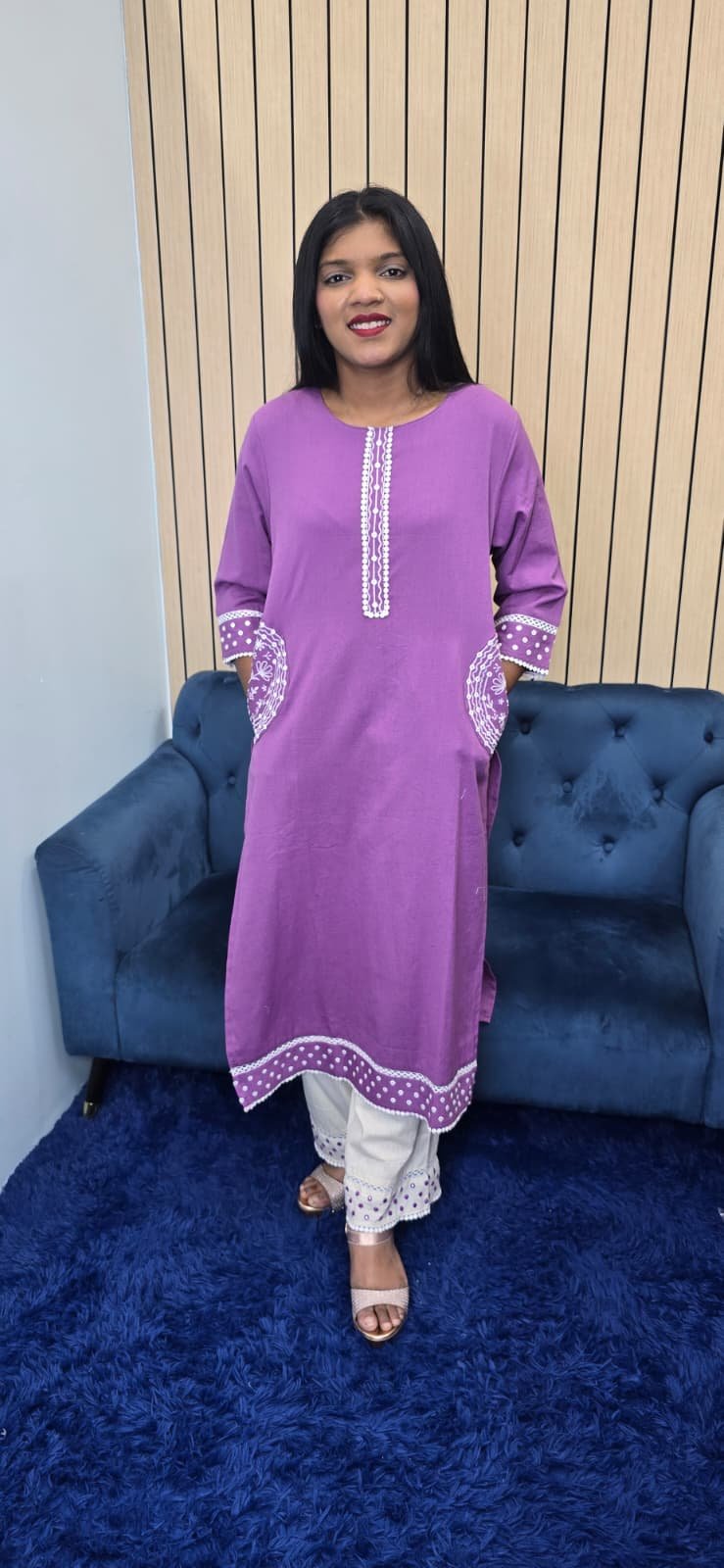 Purple Pink Cotton Kurti Set - Image 3