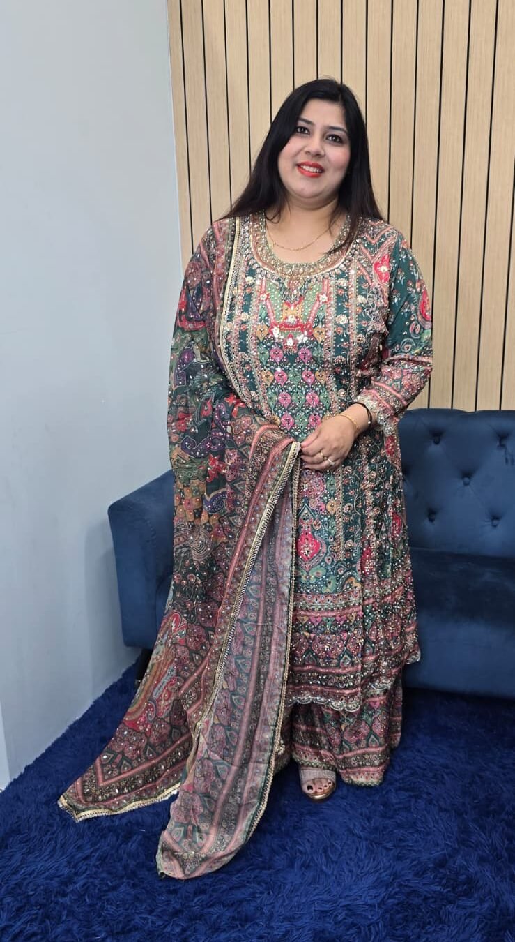 Bottle Green Digital Work Anarkali Sharara Suit