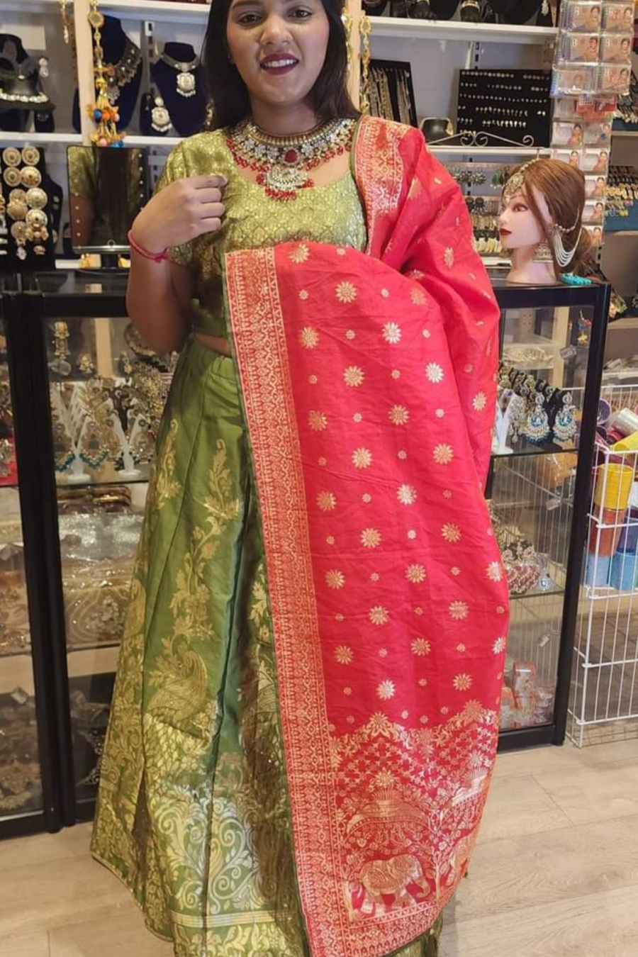 Mehendi Green & Red Brocade Silk Lehenga